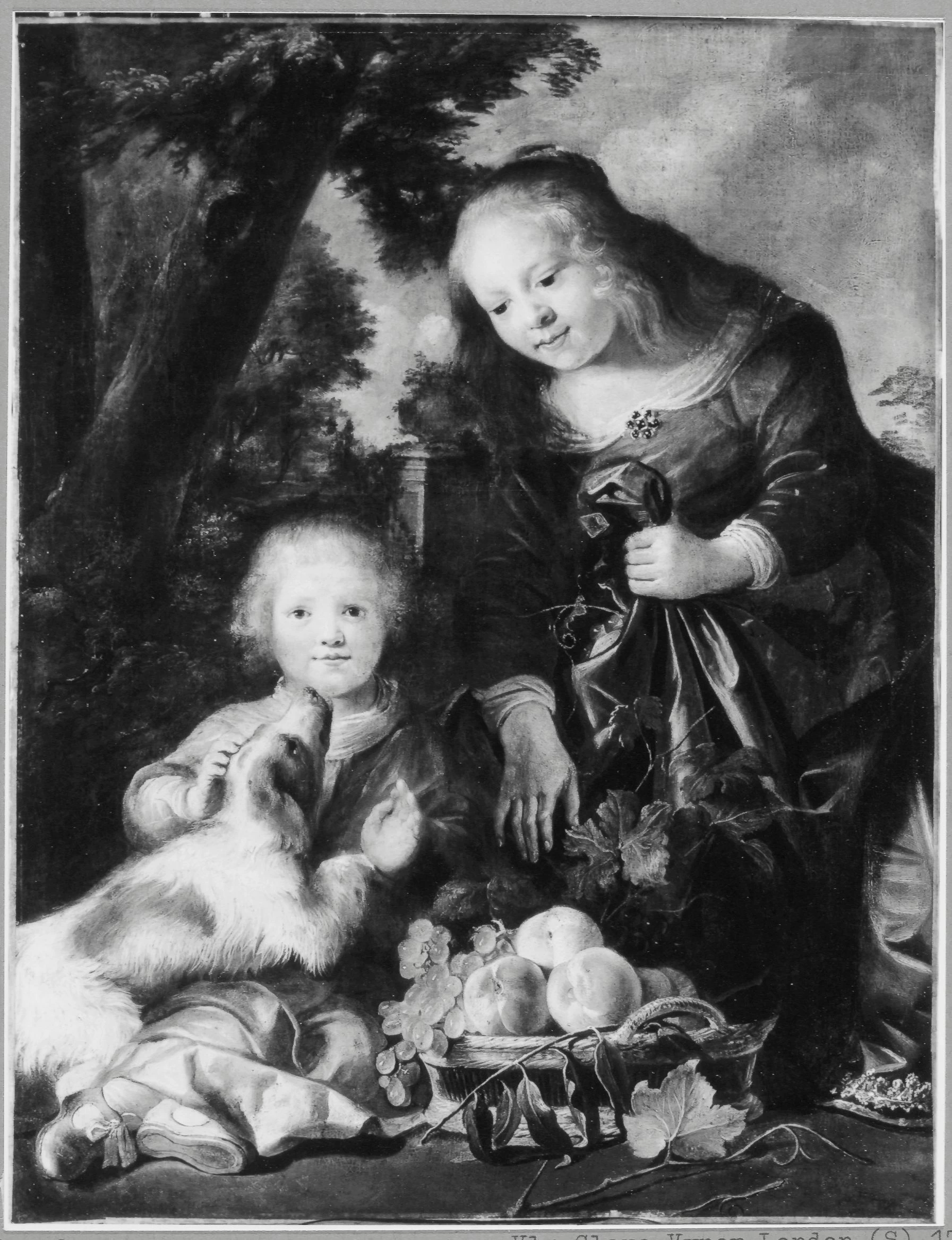 Due bambini con un cane e un cesto di frutta - Galleria d'arte Herner e Wengraf, Londra